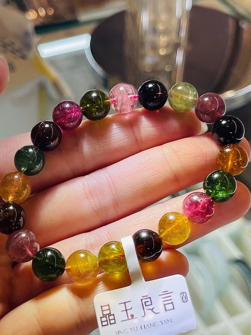 老礦濃色天然碧璽9mm25.10g大珠色標紅水晶手鍊招財事業人緣桃花