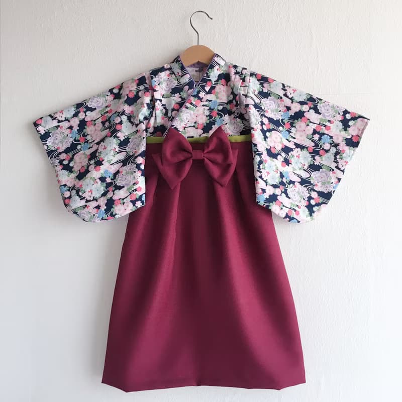 Hakama Dress 日本褲和服-流水花Blue-Dark Red (女童/嬰兒/兒童)