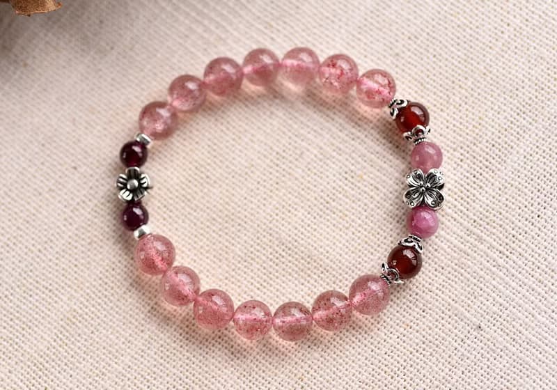 透體草莓晶+石榴石+粉碧璽純銀花朵水晶手鍊