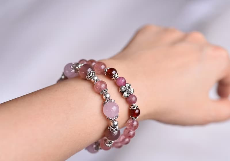 透體草莓晶+石榴石+粉碧璽純銀花朵水晶手鍊
