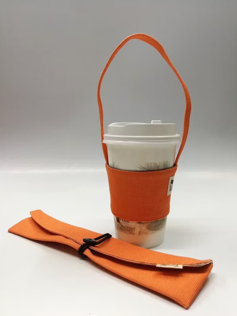 環保筷袋杯套組~手提式飲料杯套 餐具組收納袋 筷套(橘色)F08-004