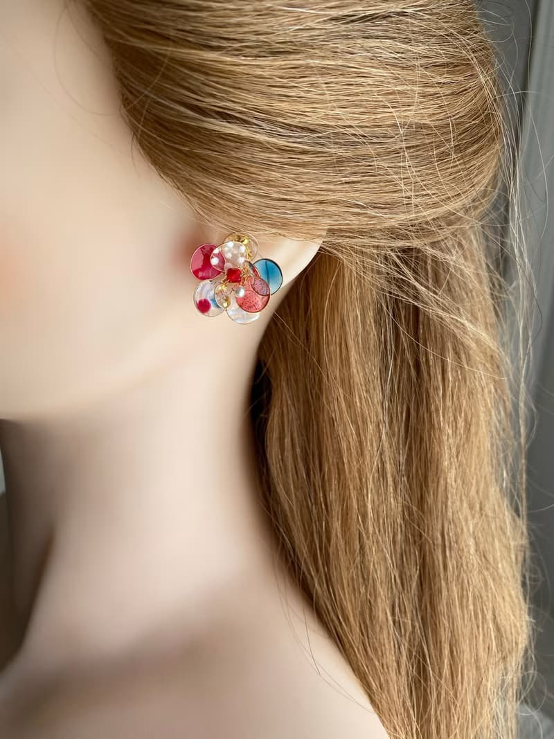 美國銅線花藍白紅、耳環、耳夾