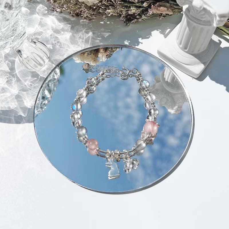 粉晶 拉長石 白水晶 S925純銀 兔寶寶 天然水晶手鍊