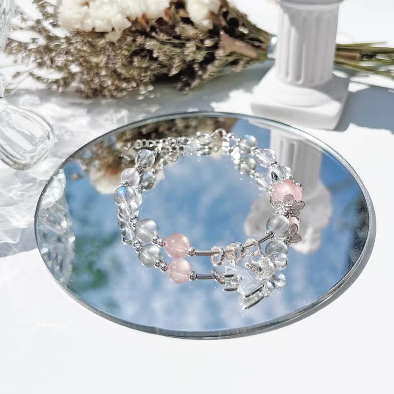 粉晶 拉長石 白水晶 S925純銀 兔寶寶 天然水晶手鍊