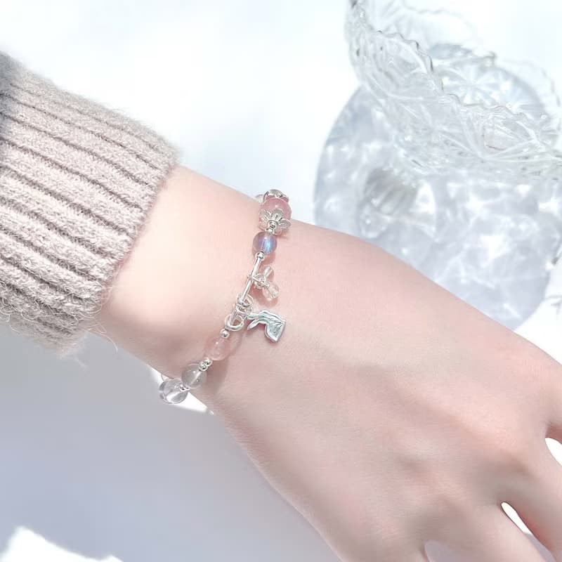 粉晶 拉長石 白水晶 S925純銀 兔寶寶 天然水晶手鍊