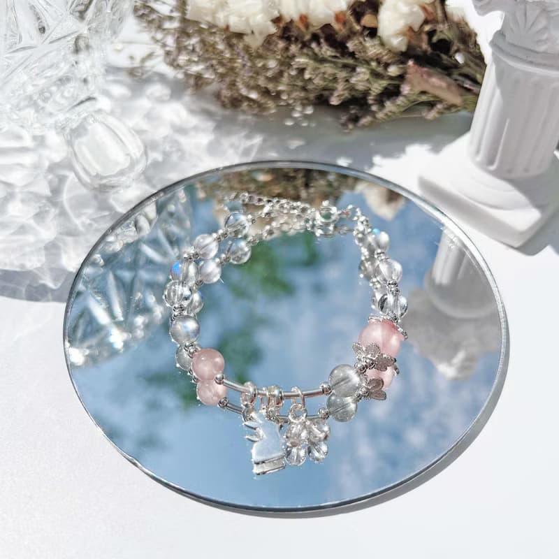 粉晶 拉長石 白水晶 S925純銀 兔寶寶 天然水晶手鍊