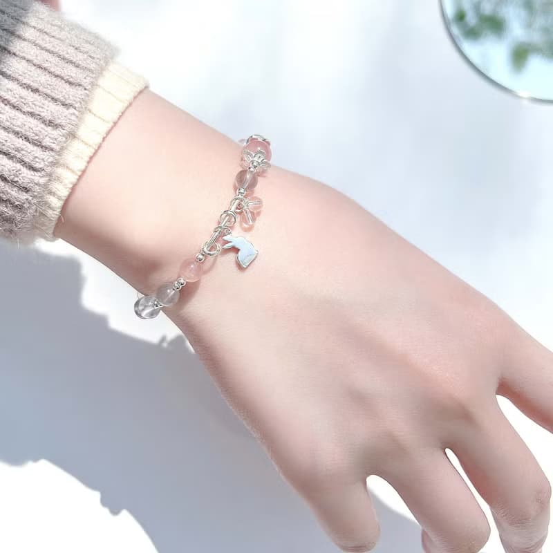 粉晶 拉長石 白水晶 S925純銀 兔寶寶 天然水晶手鍊