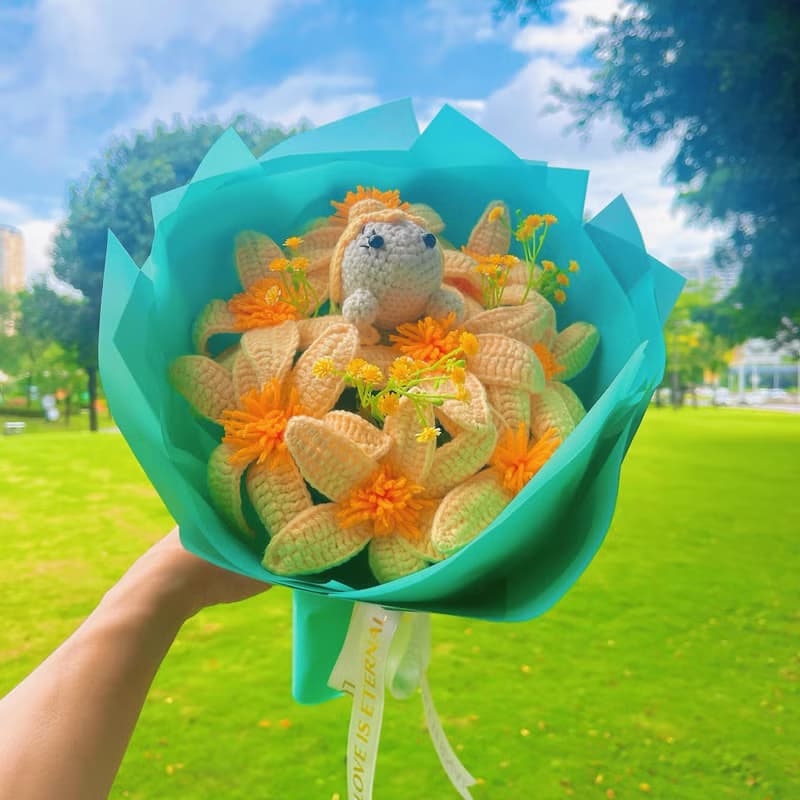 2025母親節花束迷人仙女鉤針花束 - 黃色水仙花配和蒂芙尼藍包裝