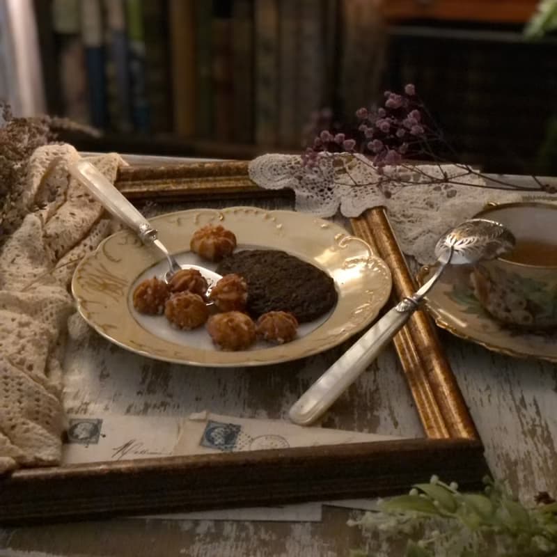 法國新藝術運動時期  百年珍珠母貝手柄  純銀面雙匙組