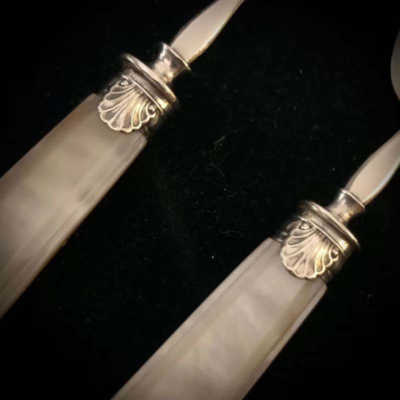 法國新藝術運動時期  百年珍珠母貝手柄  純銀面雙匙組