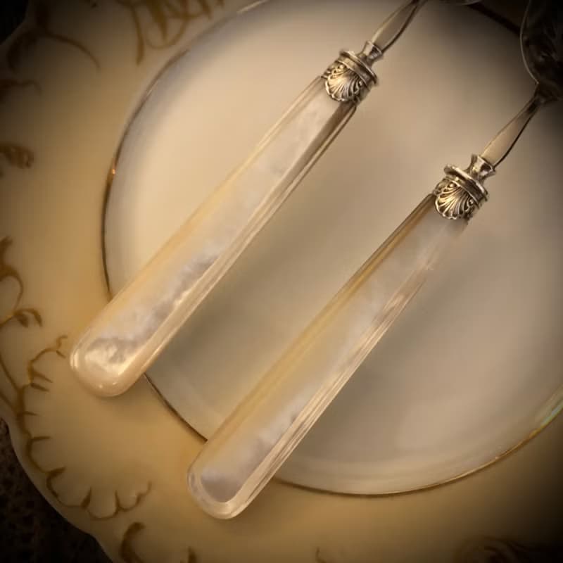 法國新藝術運動時期  百年珍珠母貝手柄  純銀面雙匙組