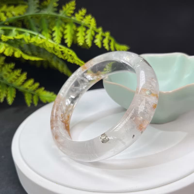 黃膠花水晶共生黃銅礦手鐲 60MM 冰透彩虹閃片 冷淡風 凈化招財