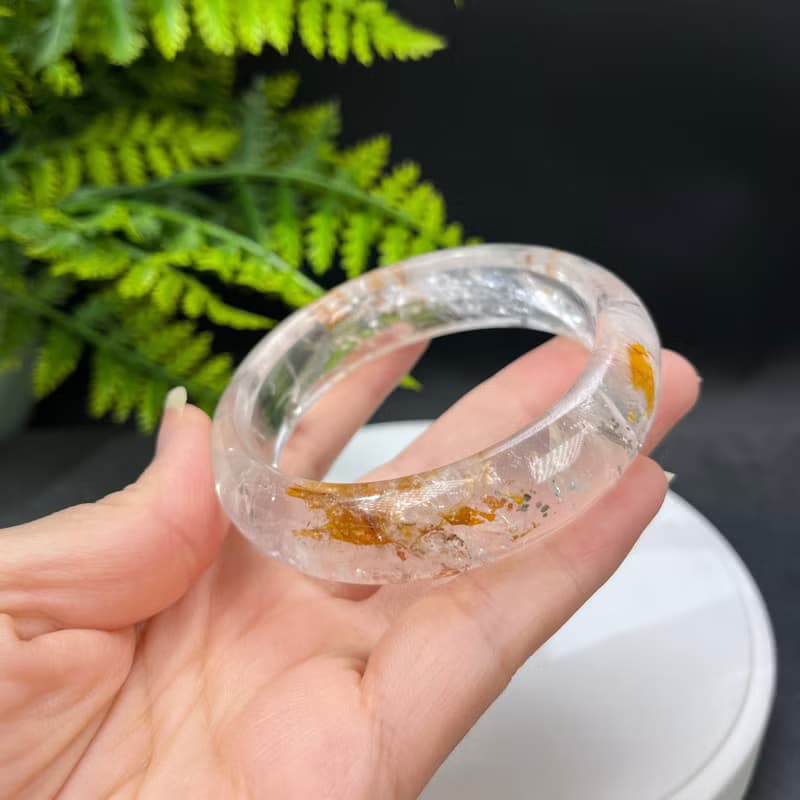 黃膠花水晶共生黃銅礦手鐲 60MM 冰透彩虹閃片 冷淡風 凈化招財