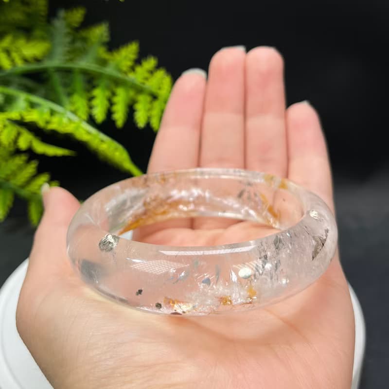 黃膠花水晶共生黃銅礦手鐲 60MM 冰透彩虹閃片 冷淡風 凈化招財