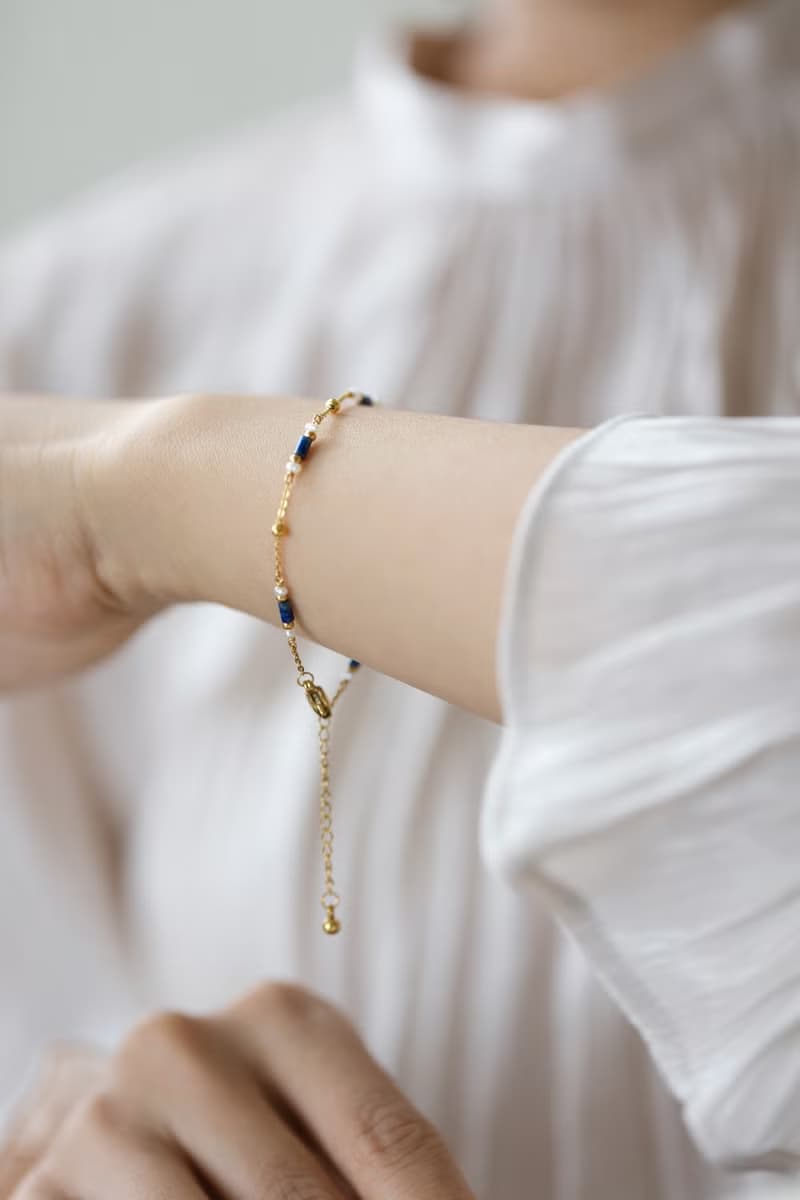 Lapis lazuli 天然青金石淡水珍珠手鍊 316L醫療鋼鍍18k金