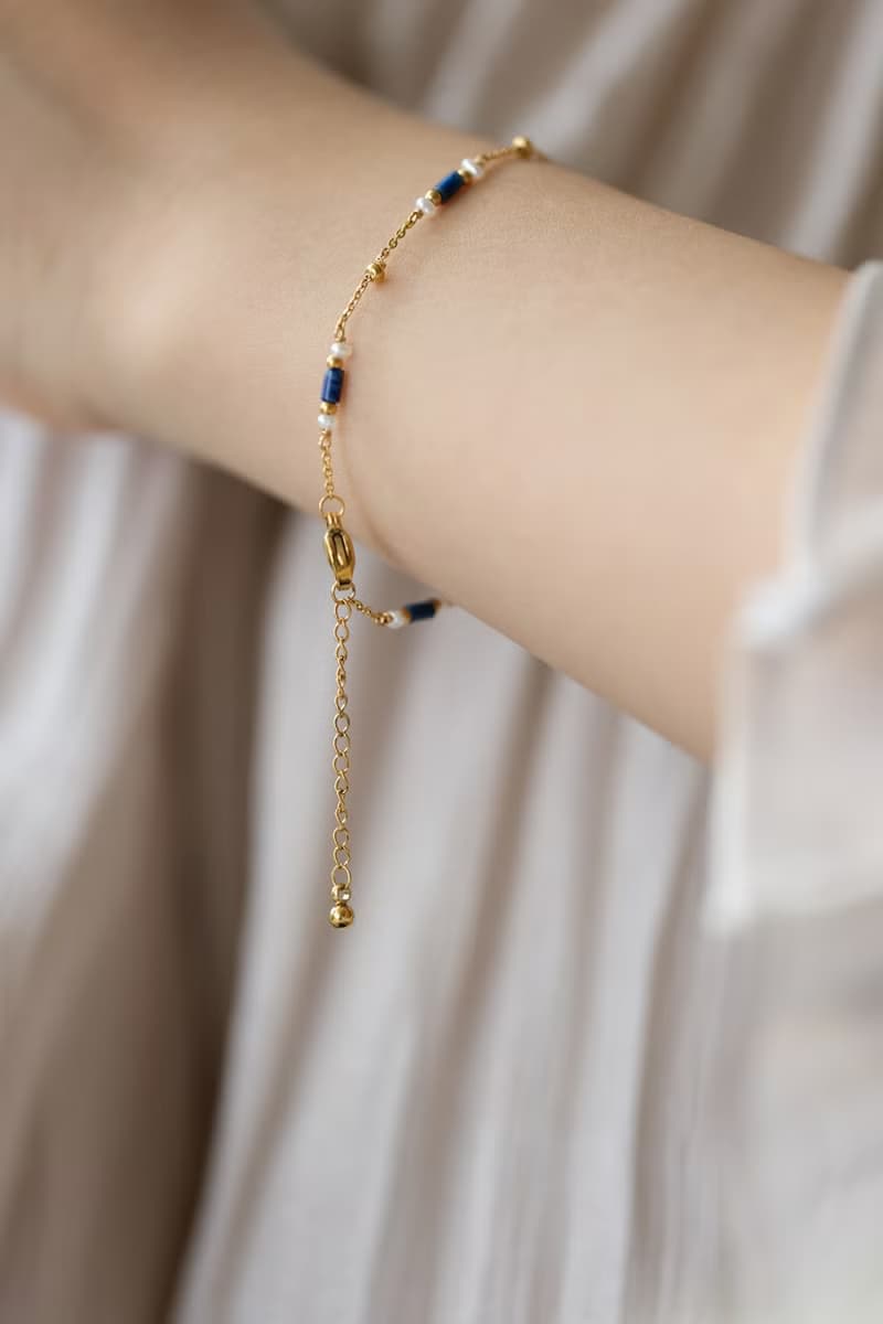 Lapis lazuli 天然青金石淡水珍珠手鍊 316L醫療鋼鍍18k金