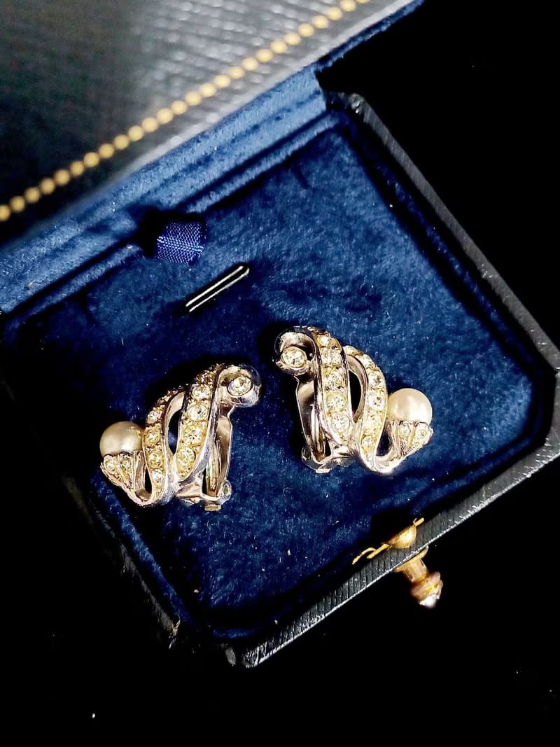 vintage jewelry  高雅萊茵鑲珠 夾式耳環