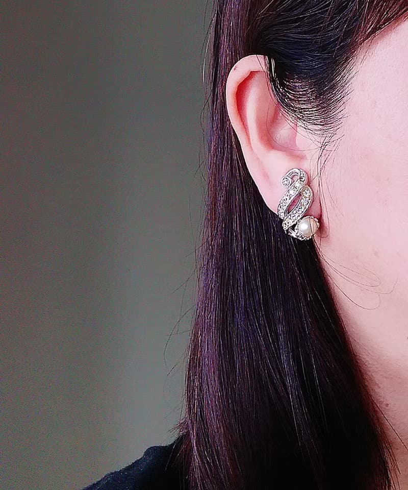 vintage jewelry  高雅萊茵鑲珠 夾式耳環
