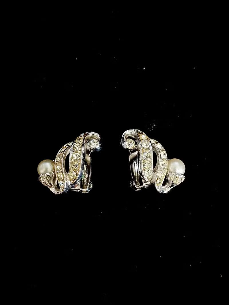 vintage jewelry  高雅萊茵鑲珠 夾式耳環
