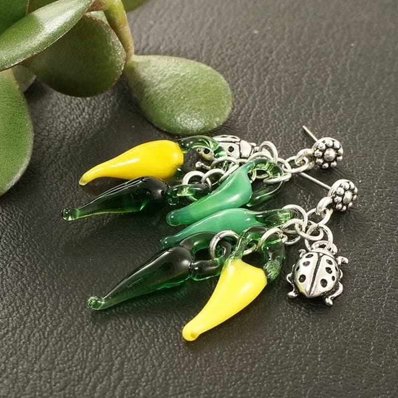 Yellow Green Pepper Lampwork Glass Silver Ladybird Ladybug Dangle Drop Earrings