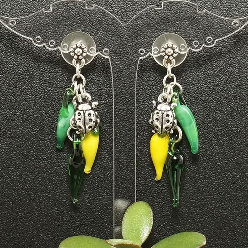 Yellow Green Pepper Lampwork Glass Silver Ladybird Ladybug Dangle Drop Earrings