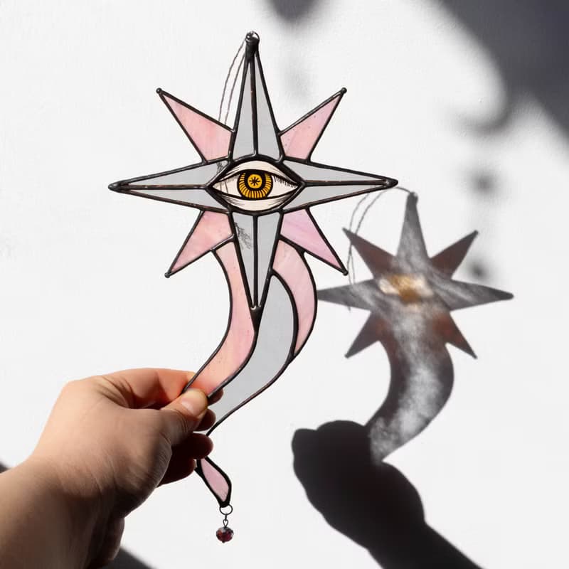 Pink and grey star, Stained glass ornament, Celestial home decor, Star Art