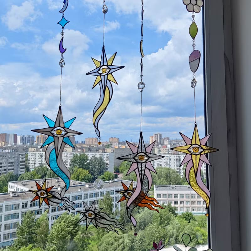 Pink and grey star, Stained glass ornament, Celestial home decor, Star Art