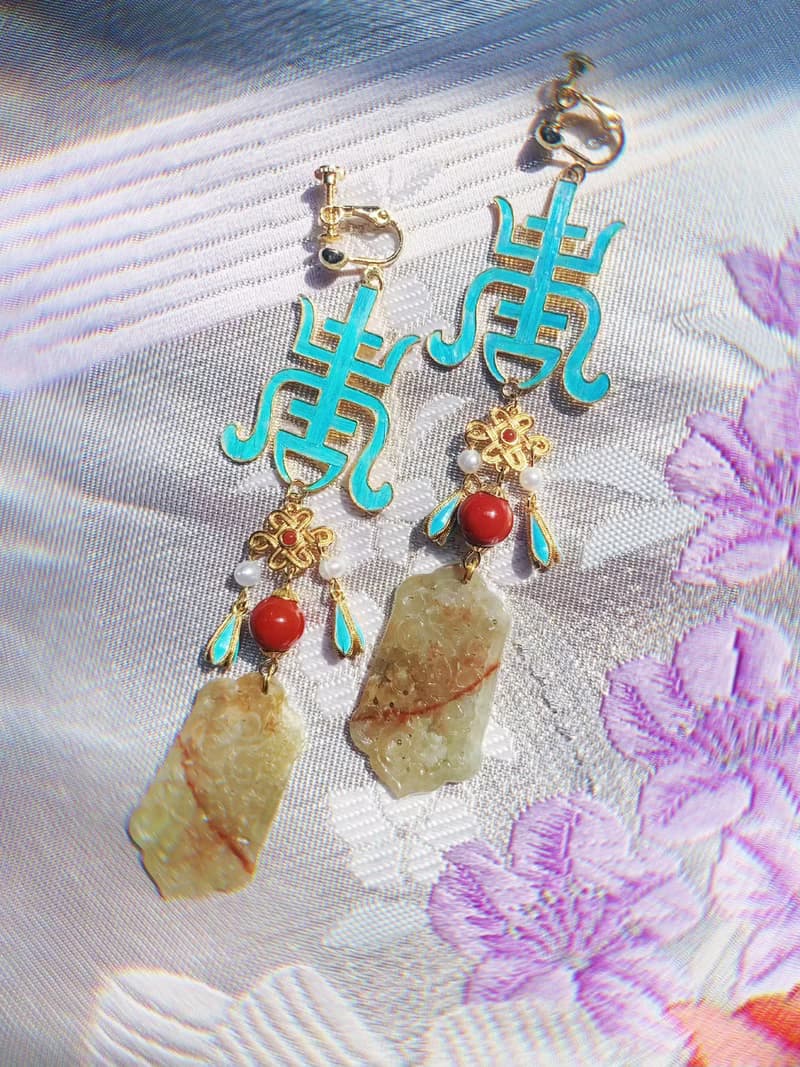 【孤品】手工製作 銀鍍金點翠工藝 萬壽紋耳夾 可改耳環