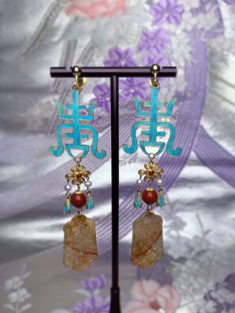 【孤品】手工製作 銀鍍金點翠工藝 萬壽紋耳夾 可改耳環