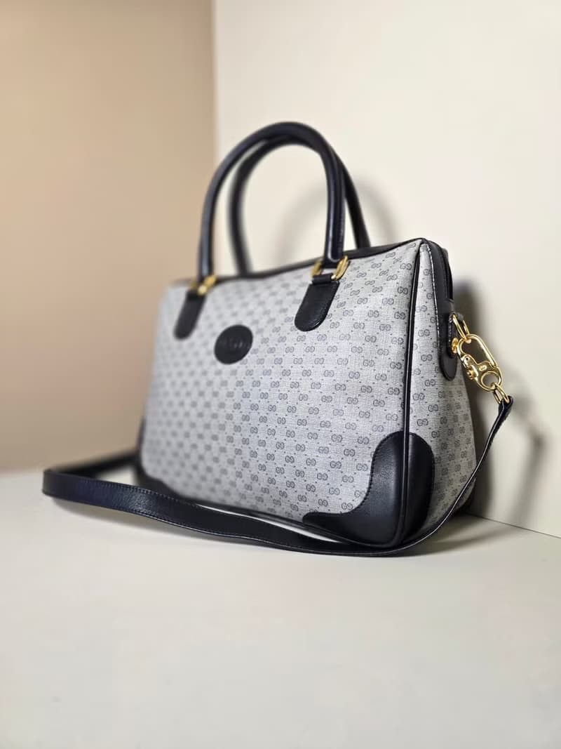 中古二手Gucci復古藍色老花波士頓包斜背包單肩包側孭皮革包手袋