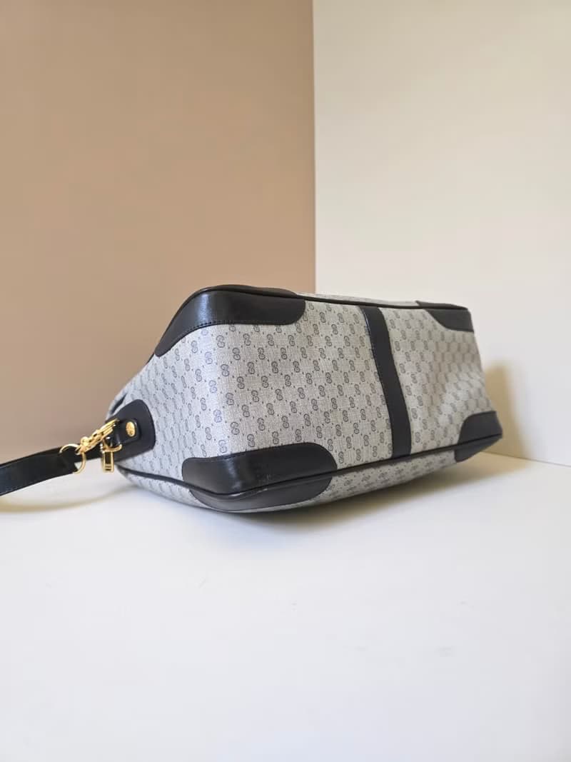 中古二手Gucci復古藍色老花波士頓包斜背包單肩包側孭皮革包手袋