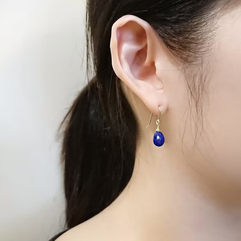 青金石 扁水滴切割 14K GF 包金耳環