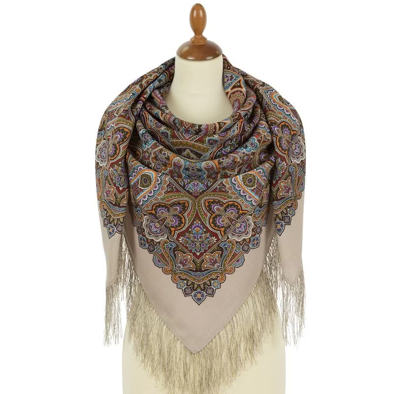Pavlovo Posad Russian Shawl 100% Wool Scarf 125x125 cm Wrap Silk Fringe 1903-2