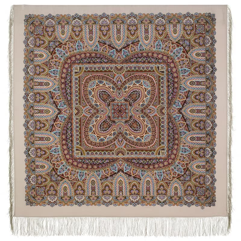 Pavlovo Posad Russian Shawl 100% Wool Scarf 125x125 cm Wrap Silk Fringe 1903-2