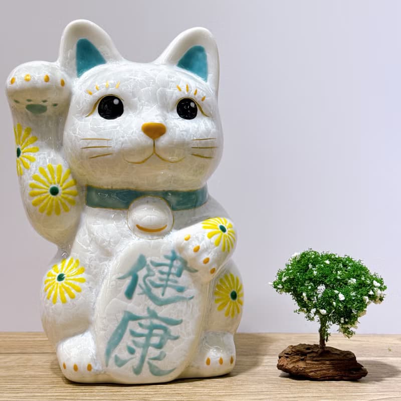 【皓晶康福】日本清水燒招財貓 | 花結晶白 - 健康 特大 右