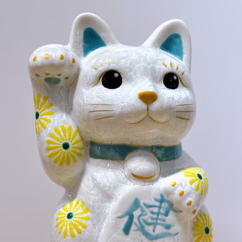 【皓晶康福】日本清水燒招財貓 | 花結晶白 - 健康 特大 右