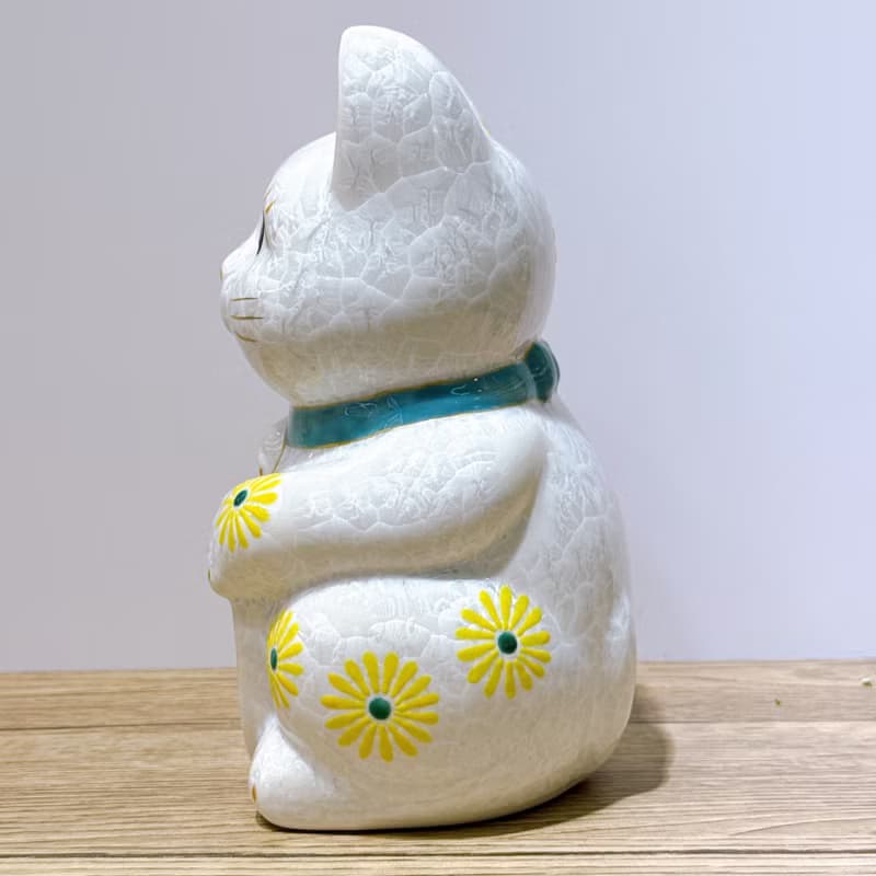 【皓晶康福】日本清水燒招財貓 | 花結晶白 - 健康 特大 右