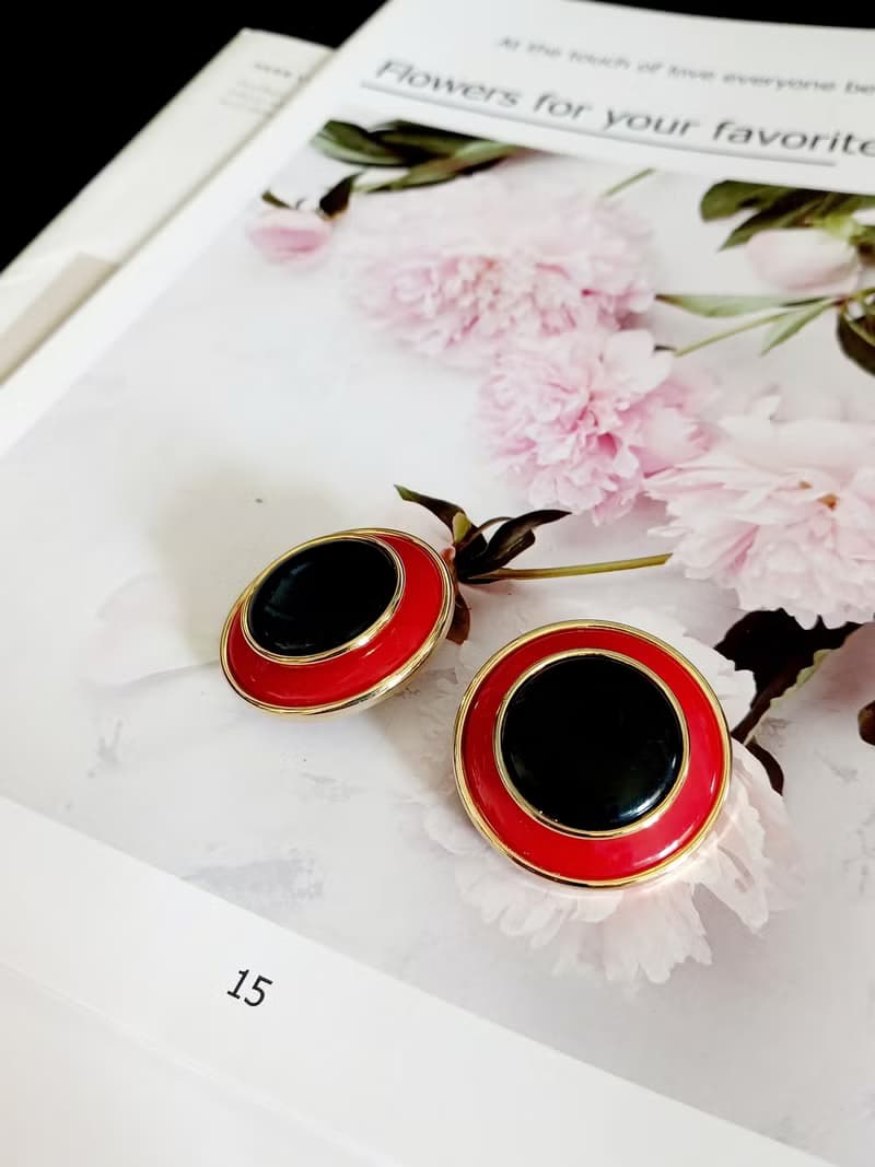 vintage jewelry  紅黑大氣雙色琺瑯 夾式耳環