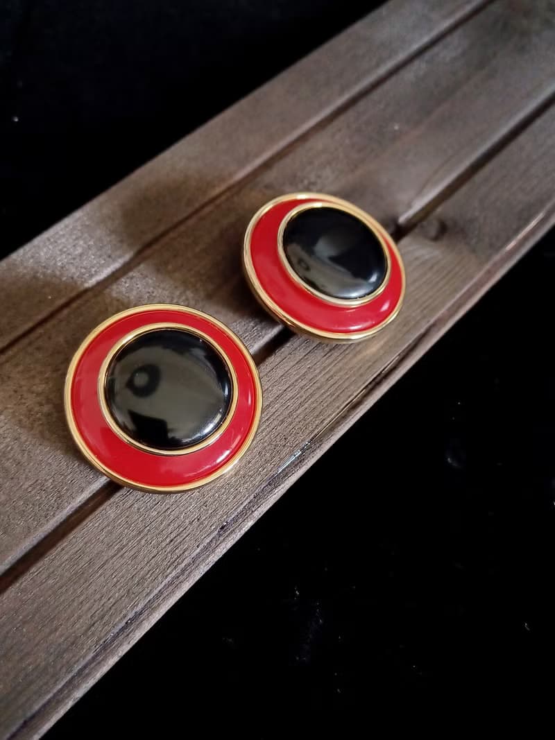 vintage jewelry  紅黑大氣雙色琺瑯 夾式耳環