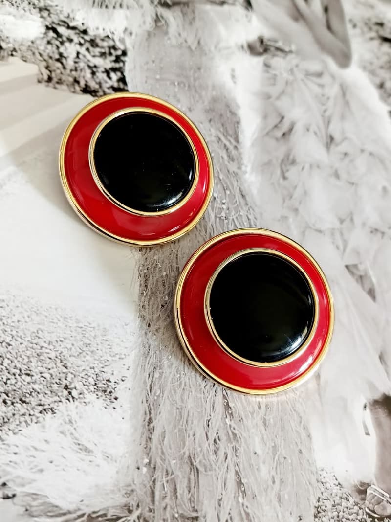vintage jewelry  紅黑大氣雙色琺瑯 夾式耳環