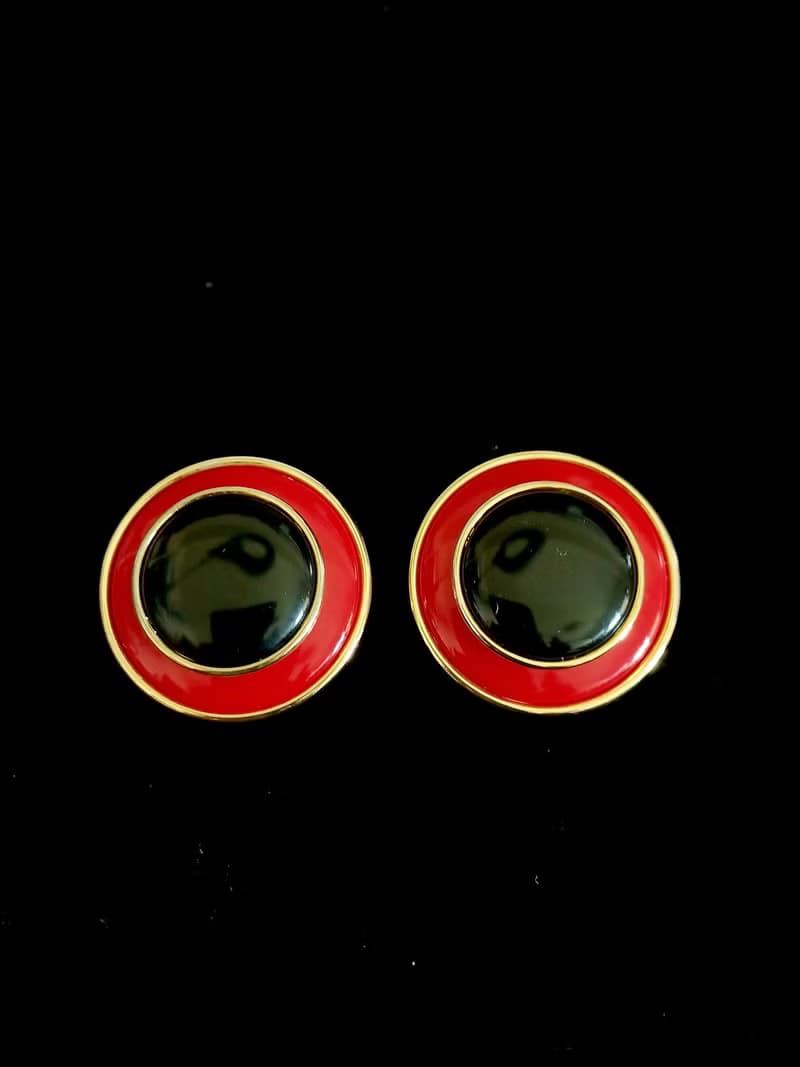 vintage jewelry  紅黑大氣雙色琺瑯 夾式耳環