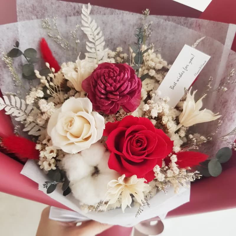永生花+乾燥花│紅白色系永生玫瑰花束│不凋花 情人節