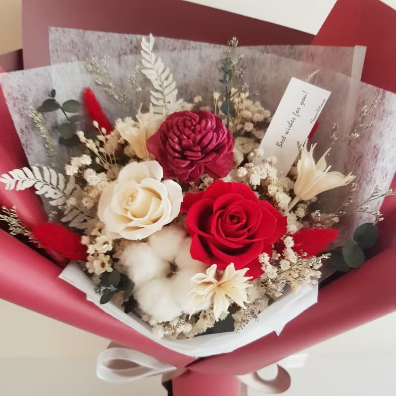 永生花+乾燥花│紅白色系永生玫瑰花束│不凋花 情人節