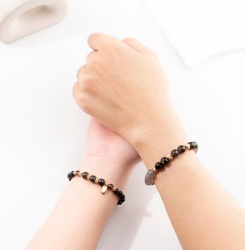 情侶對鍊【白頭偕老】茶晶金黑曜石灰瑪瑙手鍊