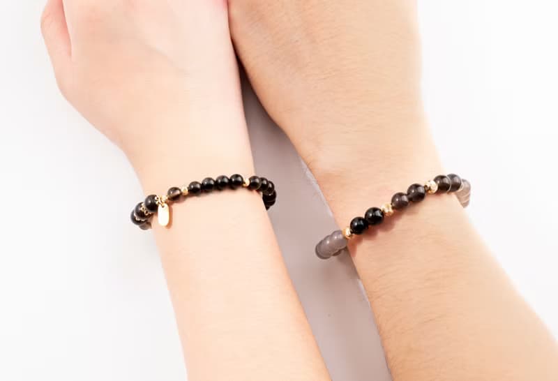 情侶對鍊【白頭偕老】茶晶金黑曜石灰瑪瑙手鍊