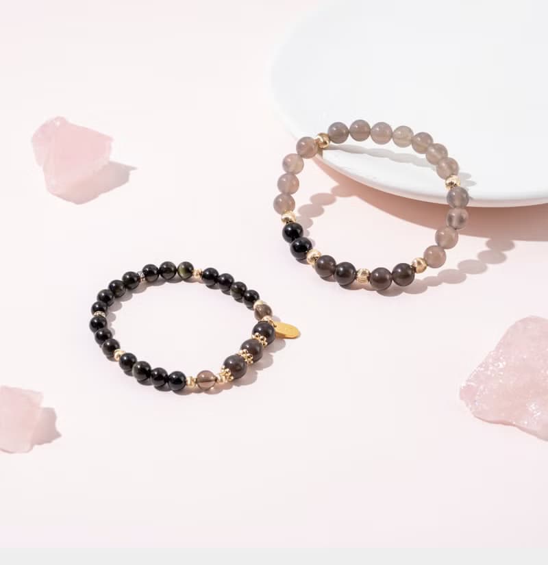 情侶對鍊【白頭偕老】茶晶金黑曜石灰瑪瑙手鍊