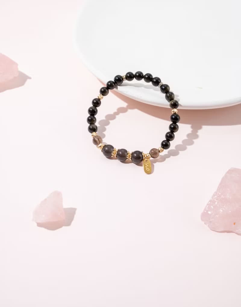 情侶對鍊【白頭偕老】茶晶金黑曜石灰瑪瑙手鍊