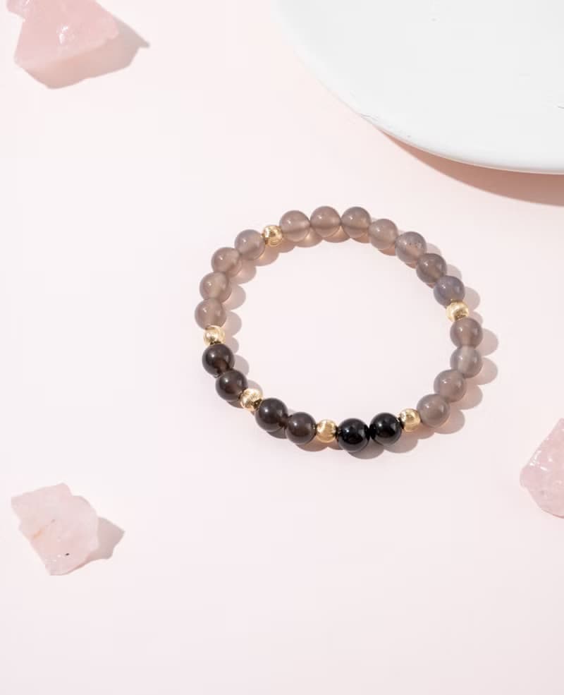 情侶對鍊【白頭偕老】茶晶金黑曜石灰瑪瑙手鍊