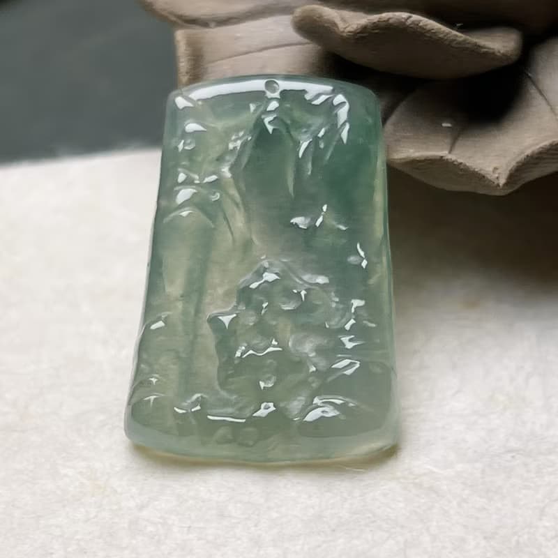 冰種油青翡翠山水牌項鍊 | 天然緬甸玉翡翠A貨 | 送禮