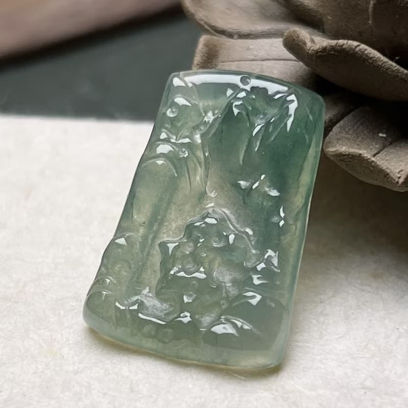冰種油青翡翠山水牌項鍊 | 天然緬甸玉翡翠A貨 | 送禮